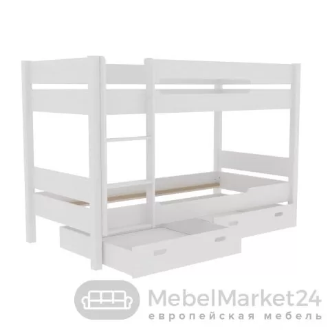 Кровать подростковая массив сосны Амелия 2-х ярусная 1640 с ящиками (белый воск)